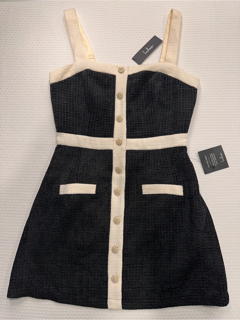 Lulus Black & White Tweed Pearl Mini Dress